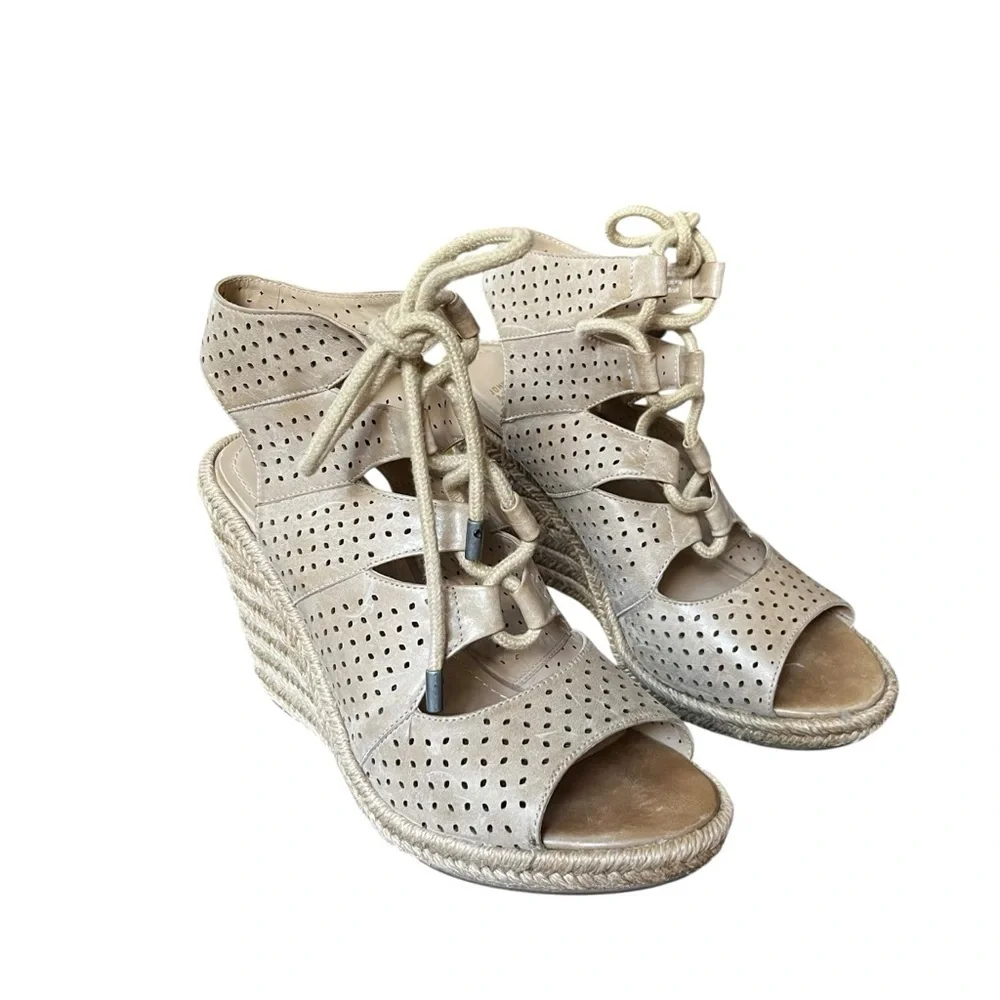 Johnston & Murphy taupe perforated leather wedge espadrille lace up sandals 10